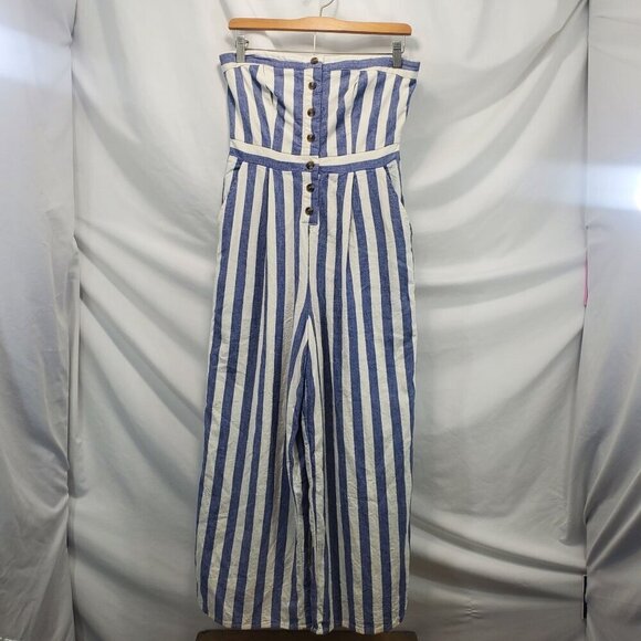 American Eagle Blue White Striped Button Front Tube Jumpsuit Wide Leg Small - Picture 3 of 13